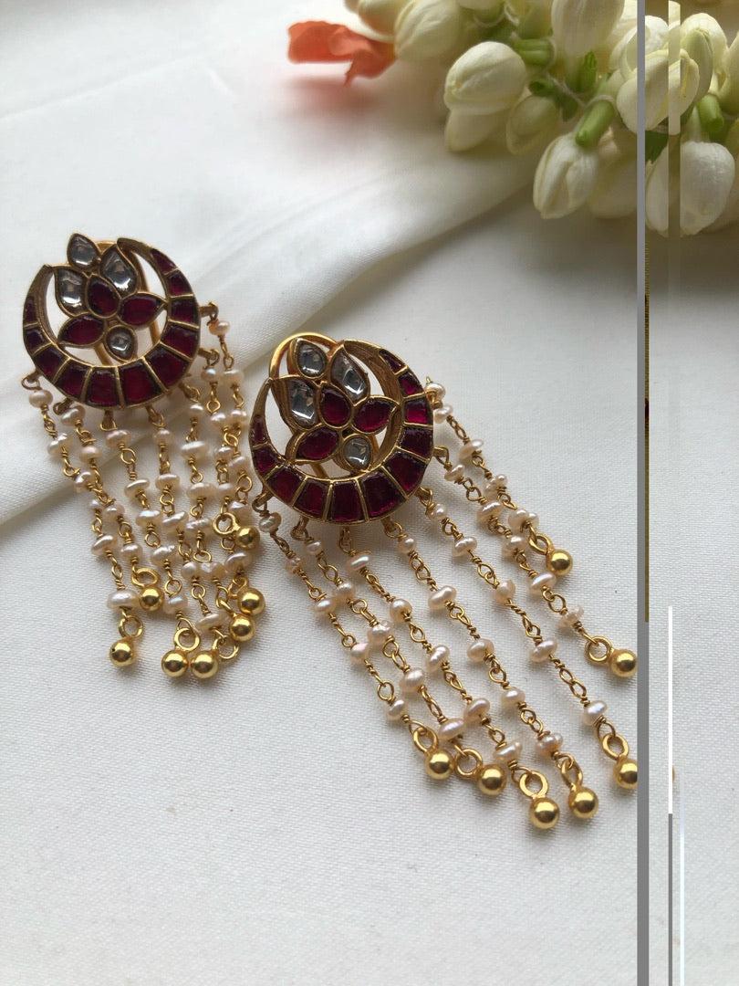 Chaand ruby kundan with pearl hangings-Earrings-PL-House of Taamara