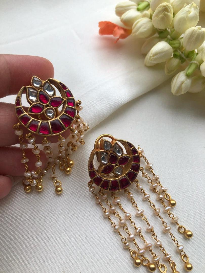 Chaand ruby kundan with pearl hangings-Earrings-PL-House of Taamara