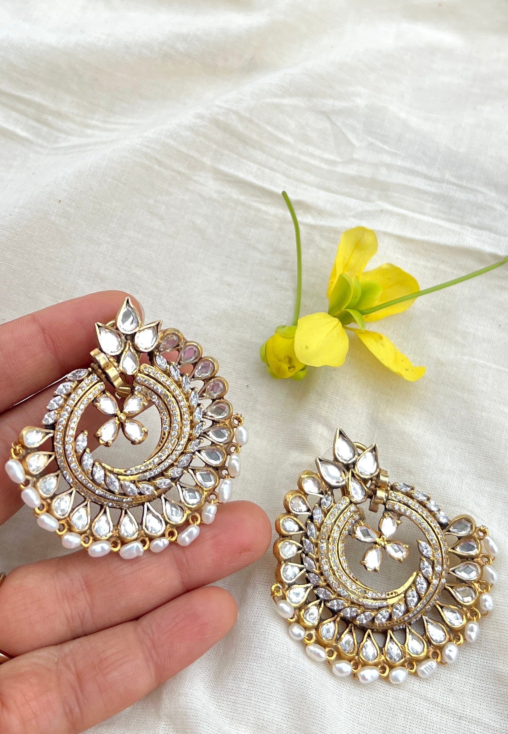 Chand stud with pearls hanging-Silver earrings-EZ-House of Taamara