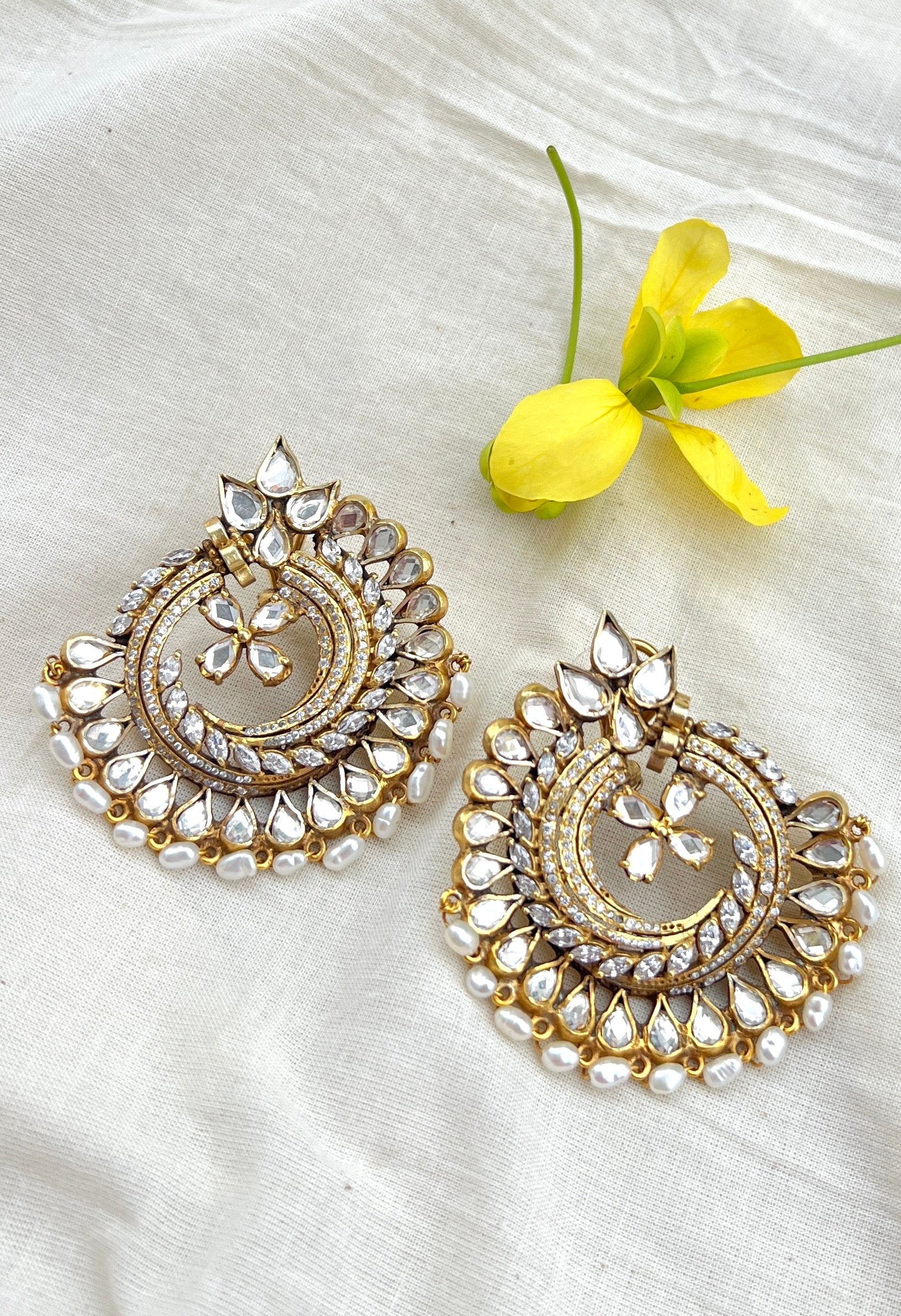 Chand stud with pearls hanging-Silver earrings-EZ-House of Taamara