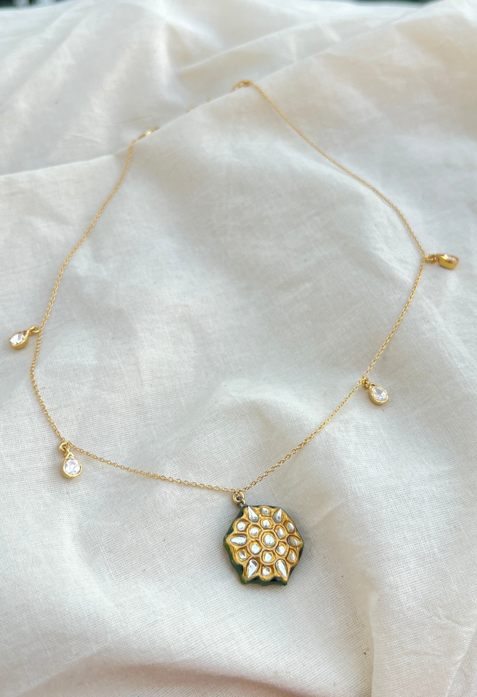 Charm tassel Moissanite necklace: gold laquer bead-Silver Neckpiece-EZ-House of Taamara