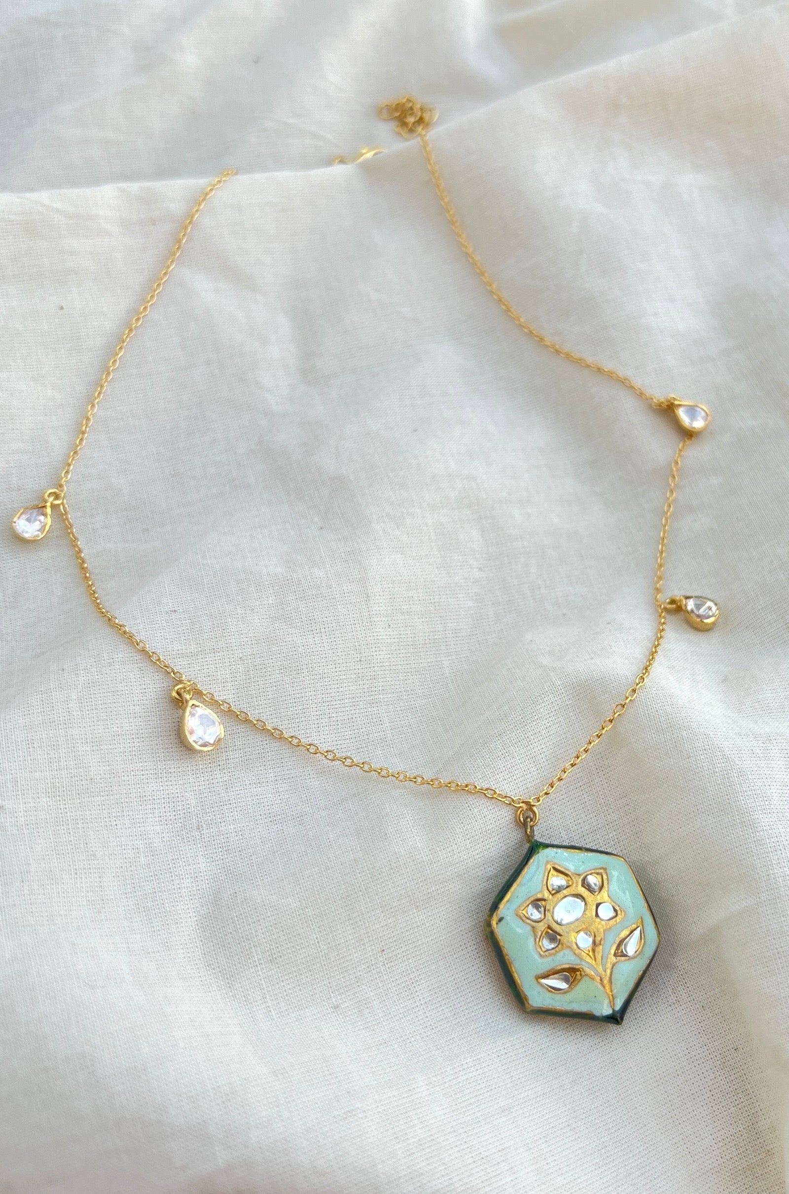 Charm tassel Moissanite necklace: hexagon laquer mint bead-Silver Neckpiece-EZ-House of Taamara