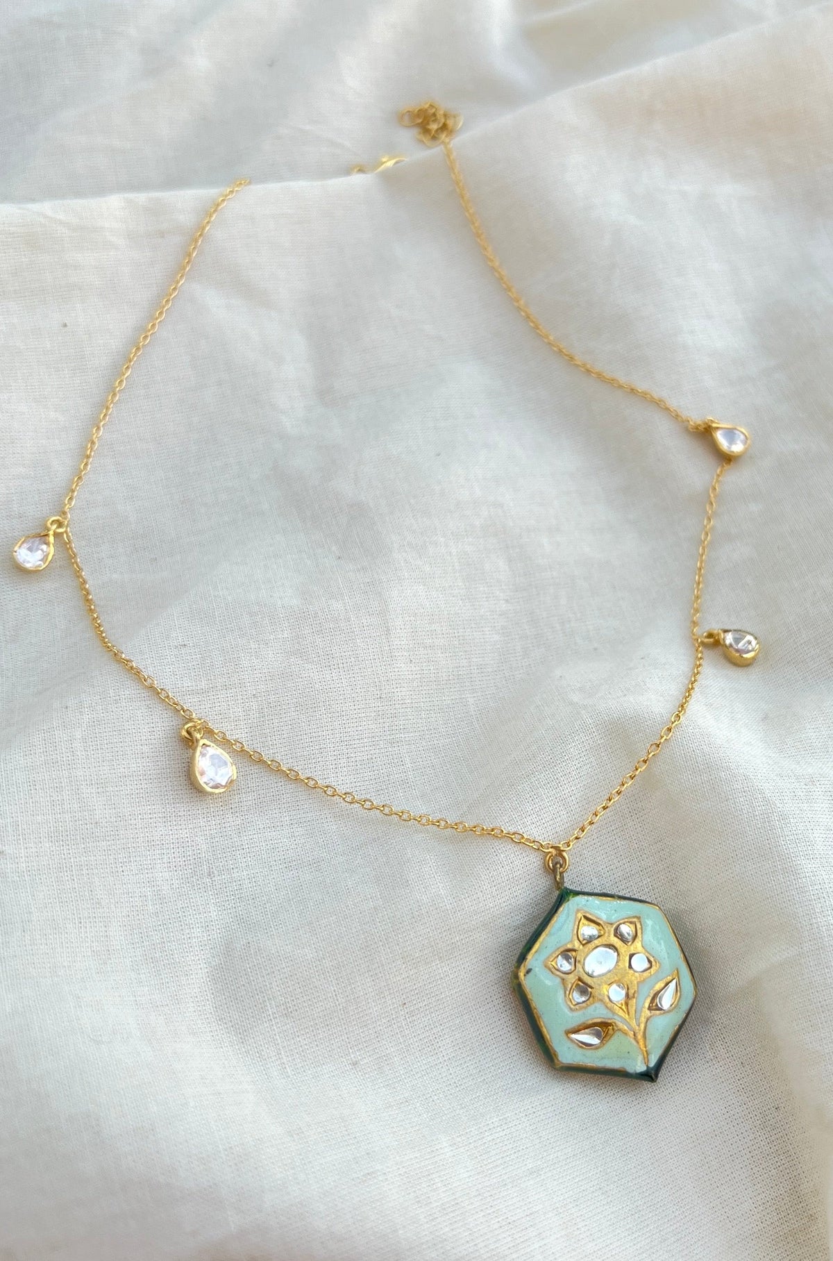 Charm tassel Moissanite necklace: hexagon laquer mint bead-Silver Neckpiece-EZ-House of Taamara