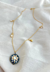 Charm tassel Moissanite necklace: laquer dark blue bead-Silver Neckpiece-EZ-House of Taamara