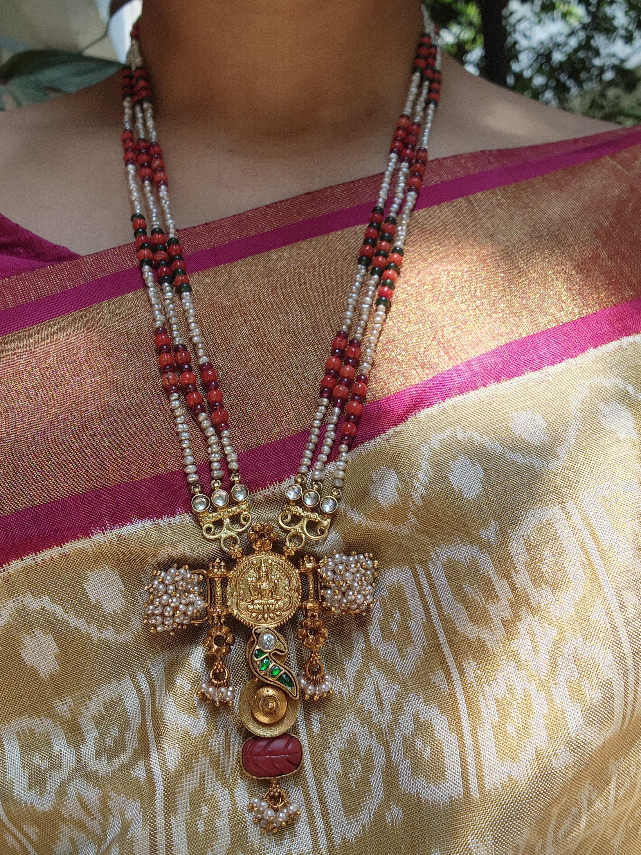 Coral & Green kundan with pearls pendant with multi bead chain-Silver Neckpiece-pl-House of Taamara