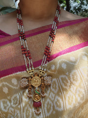 Coral & Green kundan with pearls pendant with multi bead chain-Silver Neckpiece-pl-House of Taamara