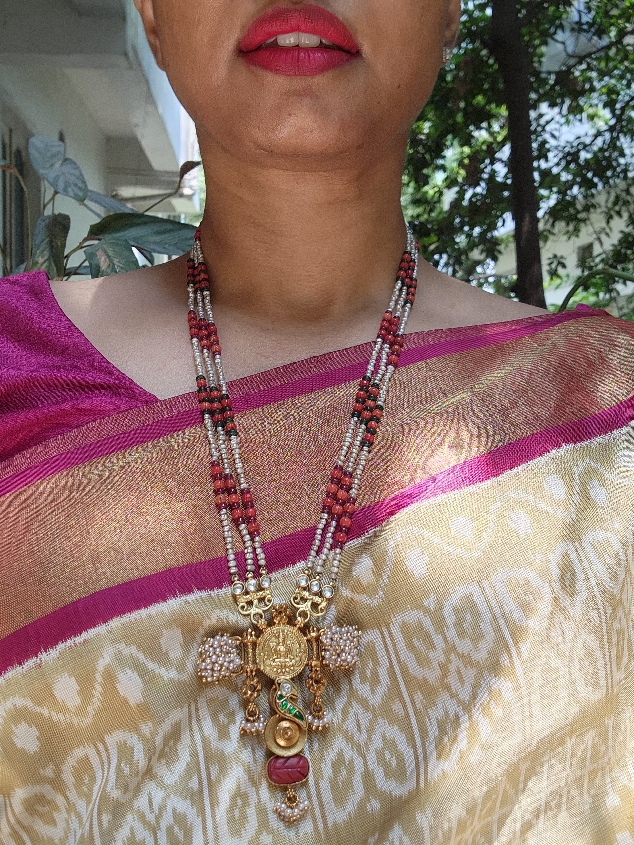 Coral & Green kundan with pearls pendant with multi bead chain-Silver Neckpiece-pl-House of Taamara