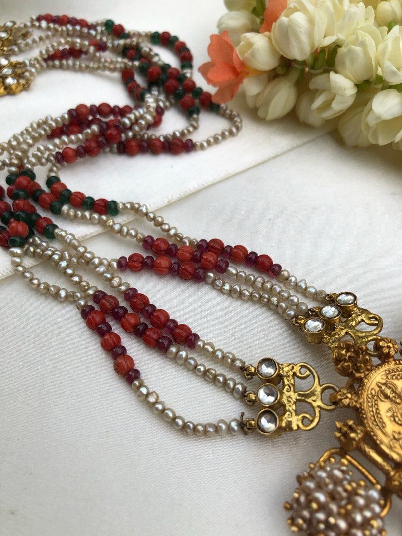 Coral & Green kundan with pearls pendant with multi bead chain-Silver Neckpiece-pl-House of Taamara
