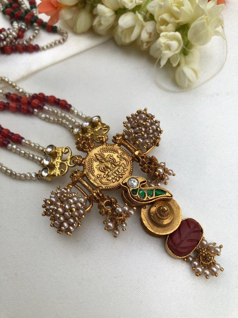 Coral & Green kundan with pearls pendant with multi bead chain-Silver Neckpiece-pl-House of Taamara