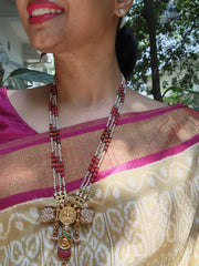 Coral & Green kundan with pearls pendant with multi bead chain-Silver Neckpiece-pl-House of Taamara
