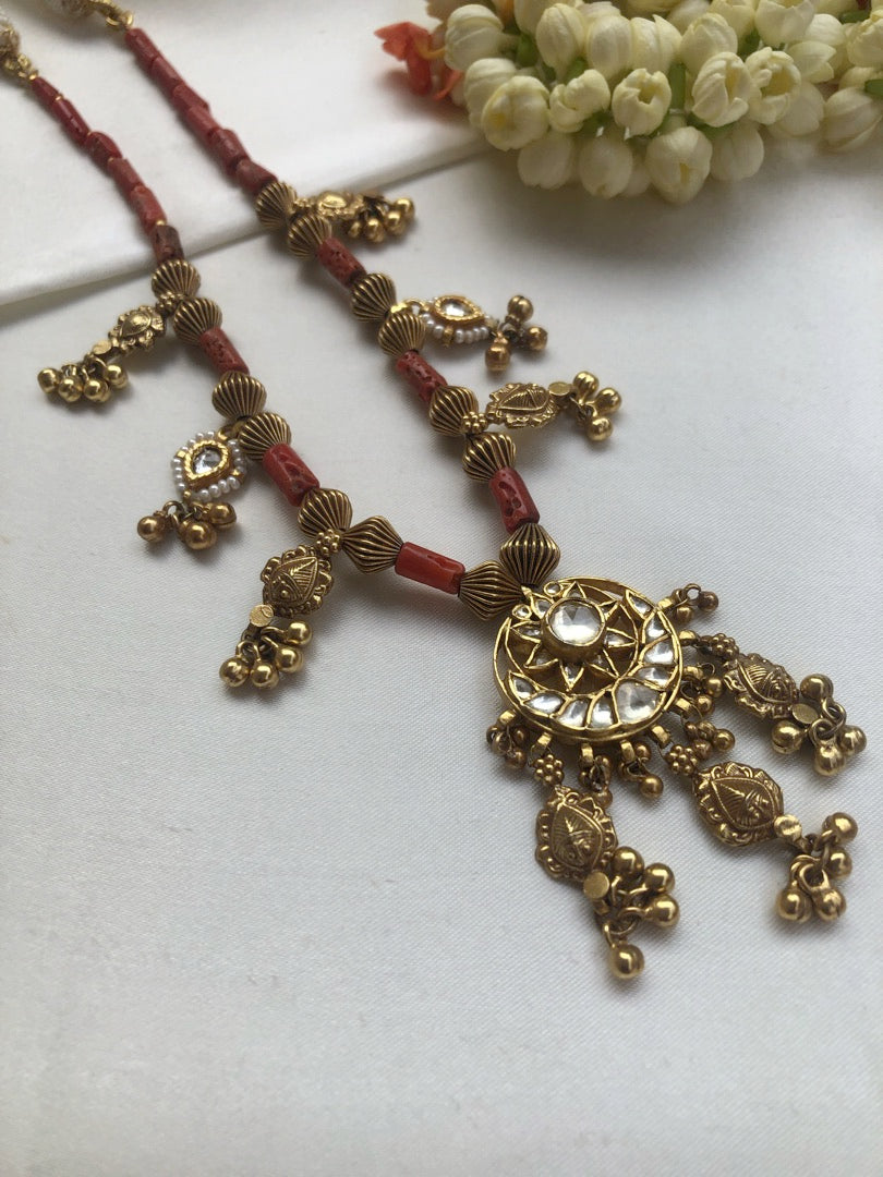 Coral and antique pieces with kundan necklace-Silver Neckpiece-PL-House of Taamara