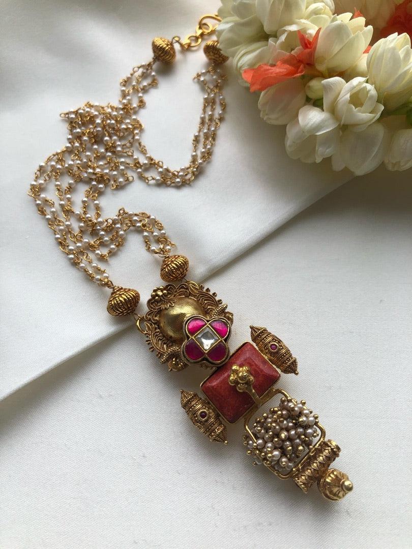 Coral and kundan flower with pearls and beads chain-Silver Neckpiece-PL-House of Taamara