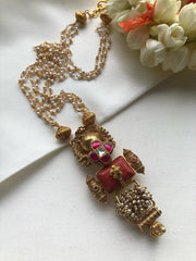 Coral and kundan flower with pearls and beads chain-Silver Neckpiece-PL-House of Taamara