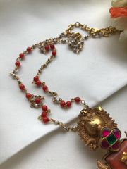 Coral and kundan ruby green pendant with coral chain-Silver Neckpiece-PL-House of Taamara