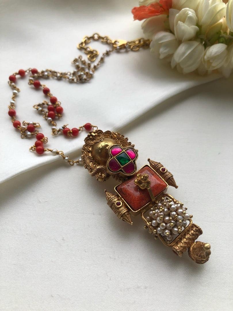 Coral and kundan ruby green pendant with coral chain-Silver Neckpiece-PL-House of Taamara