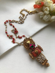 Coral and kundan ruby green pendant with coral chain-Silver Neckpiece-PL-House of Taamara