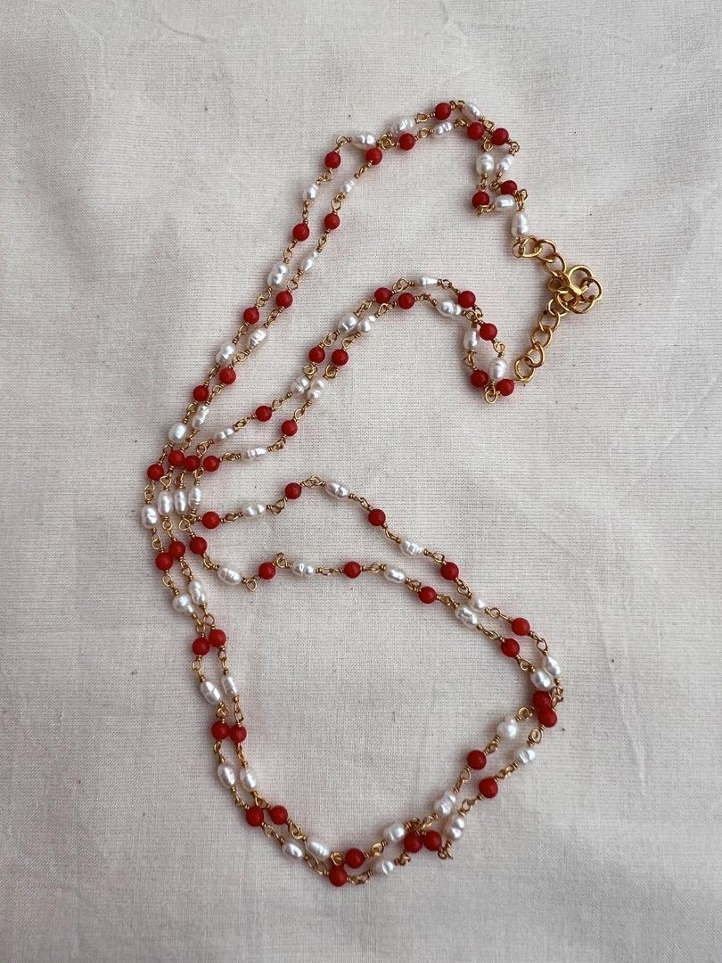 Coral and pearl chain double line-Silver Neckpiece-CI-House of Taamara
