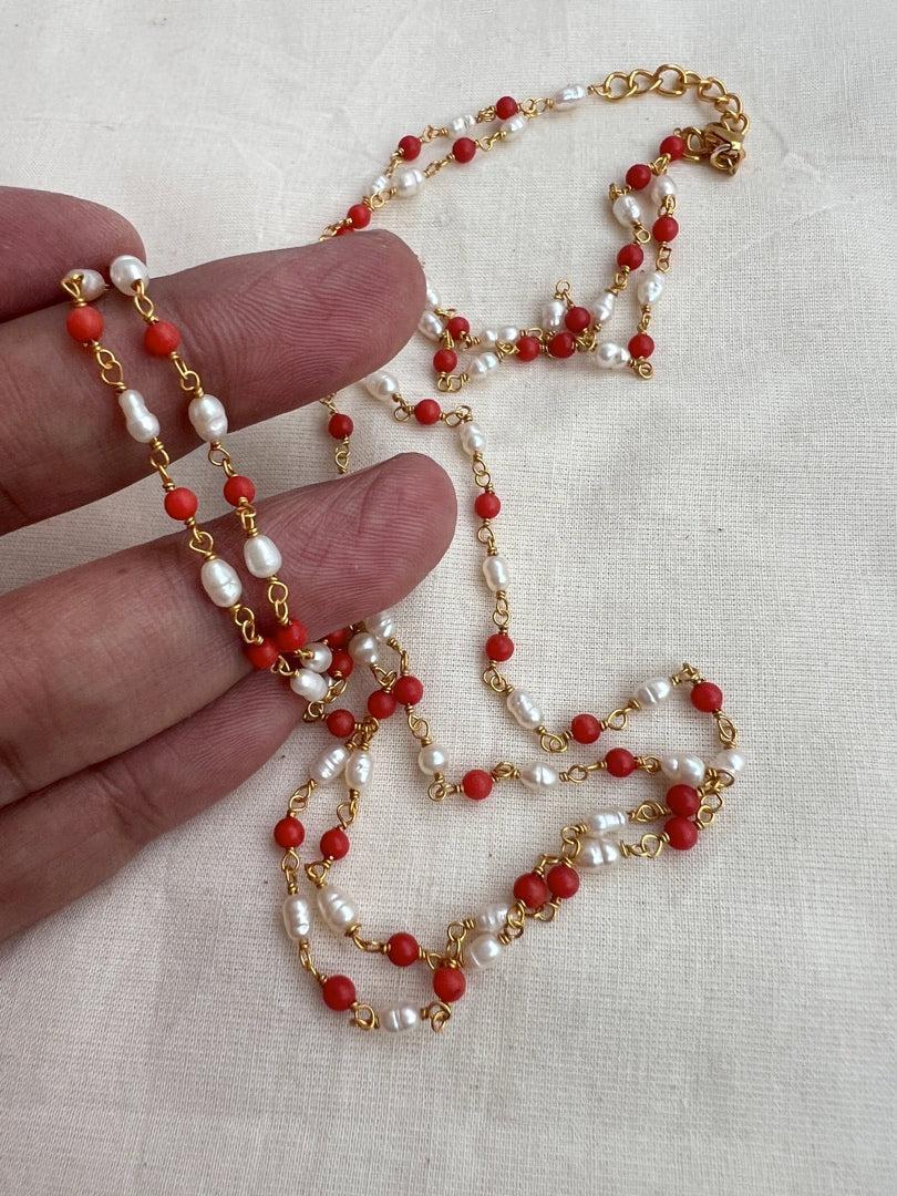 Coral and pearl chain double line-Silver Neckpiece-CI-House of Taamara