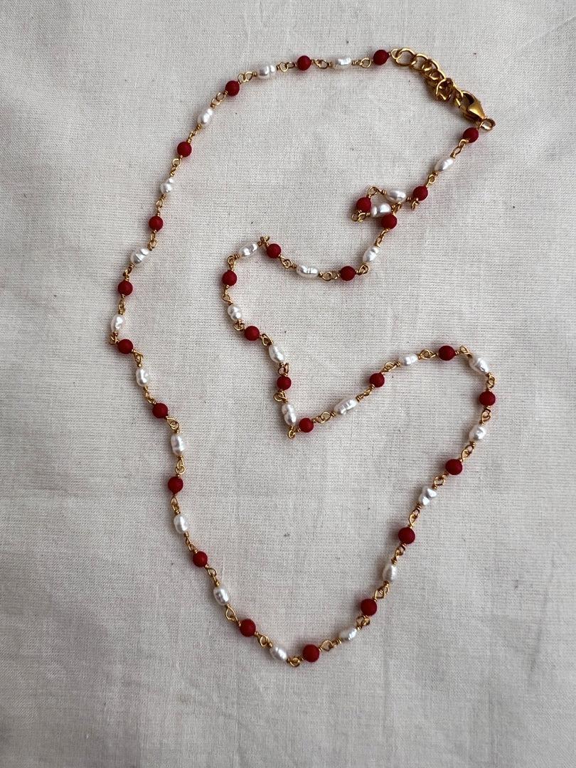 Coral and pearl chain single line-Silver Neckpiece-CI-House of Taamara