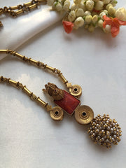 Coral & antique style pendant with long tube chain-Silver Neckpiece-PL-House of Taamara