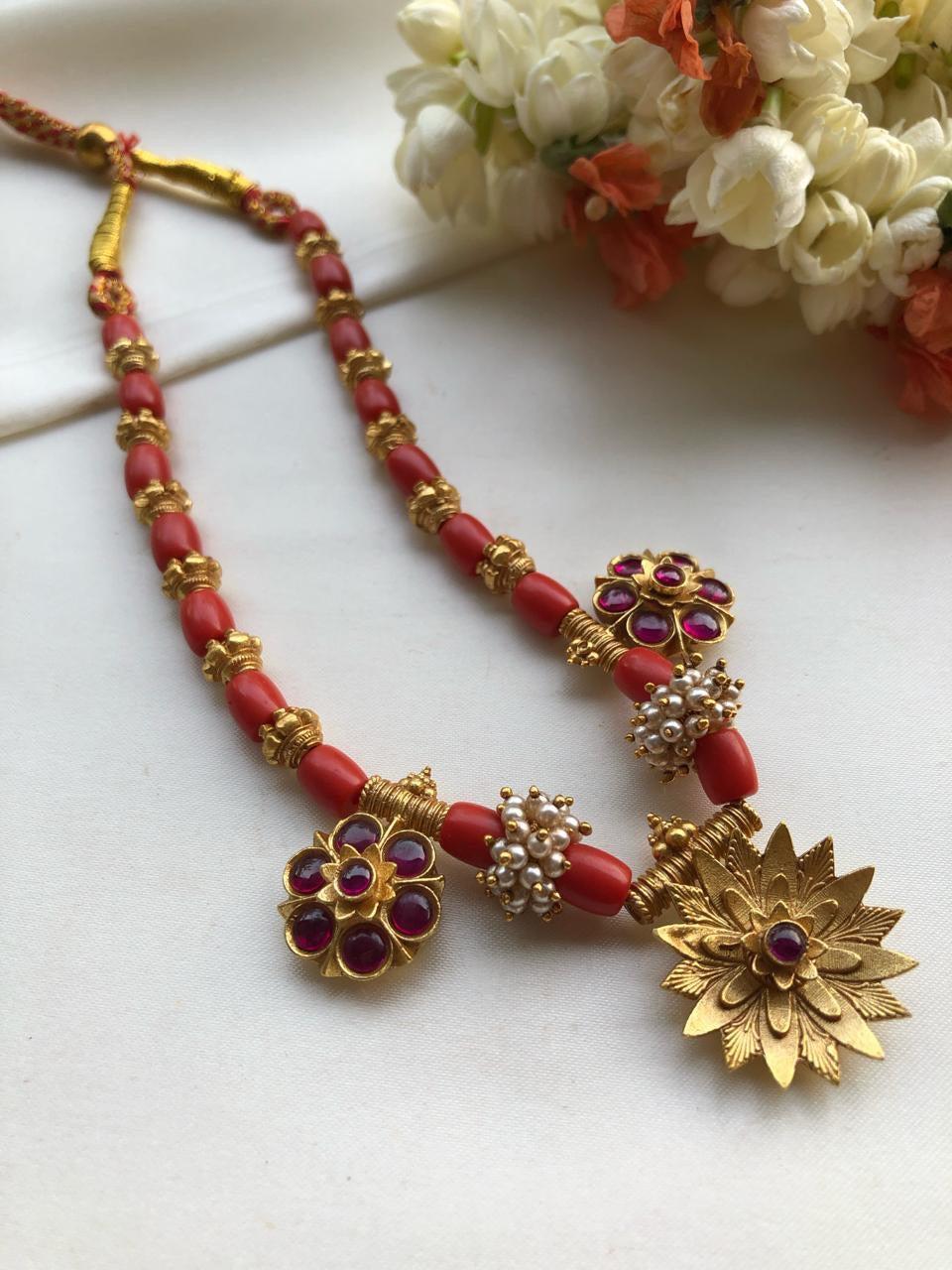 Coral antique style pieces with ruby flower-Silver Neckpiece-PL-House of Taamara