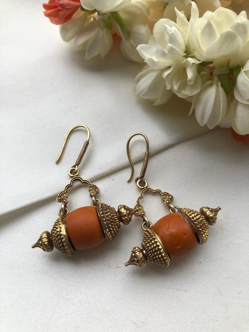 Coral bead and antique style hook earrings-Earrings-PL-House of Taamara