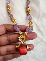 Coral bead pendant with amethyst & gold nakshi beads chain-Silver Neckpiece-CI-House of Taamara