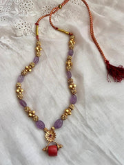 Coral bead pendant with amethyst & gold nakshi beads chain-Silver Neckpiece-CI-House of Taamara
