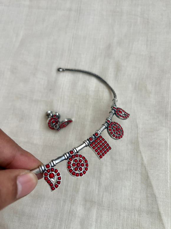 Coral beads silver necklace set-Silver Neckpiece-CI-House of Taamara
