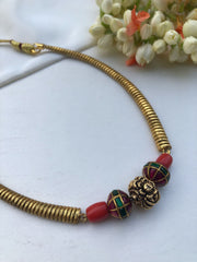 Coral beads with kundan and antique style beads necklace-Silver Neckpiece-PL-House of Taamara