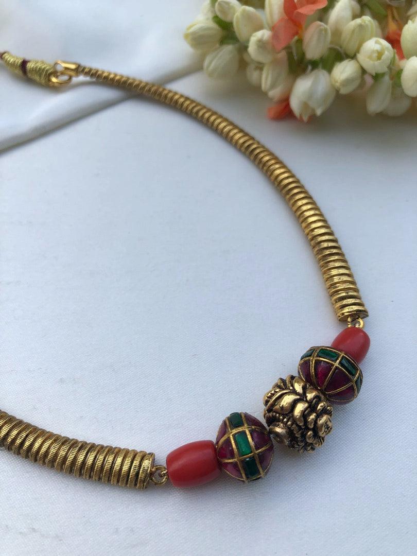 Coral beads with kundan and antique style beads necklace-Silver Neckpiece-PL-House of Taamara