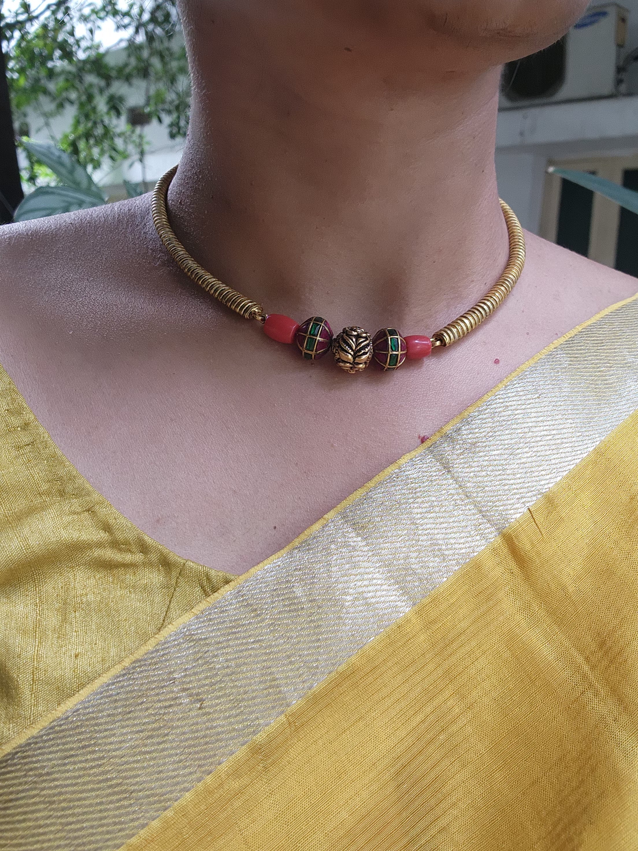 Coral beads with kundan and antique style beads necklace-Silver Neckpiece-PL-House of Taamara