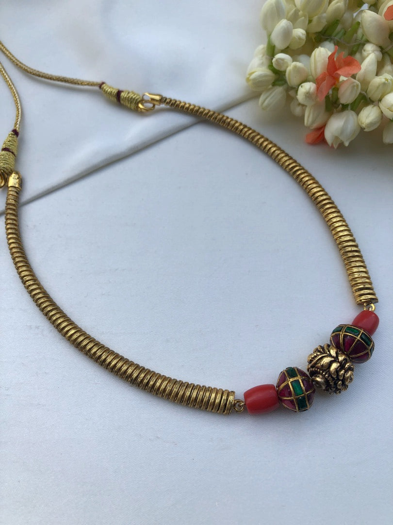 Coral beads with kundan and antique style beads necklace-Silver Neckpiece-PL-House of Taamara