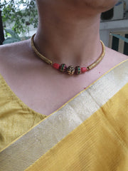 Coral beads with kundan and antique style beads necklace-Silver Neckpiece-PL-House of Taamara
