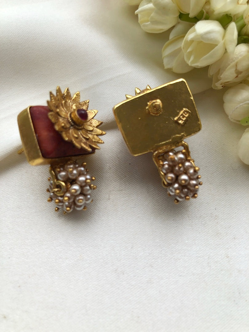 Coral earrings with antique flower-Earrings-PL-House of Taamara