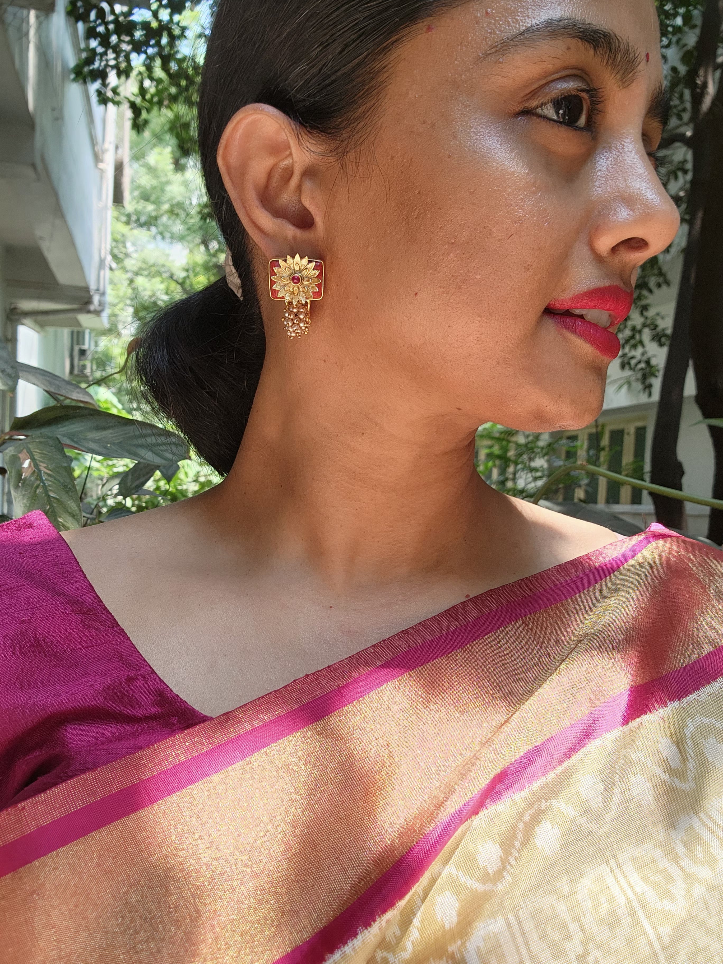 Coral earrings with antique flower-Earrings-PL-House of Taamara