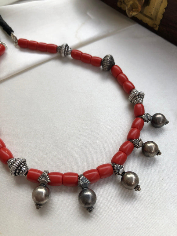 Coral necklace with silver oxidised beads-Silver Neckpiece-PL-House of Taamara