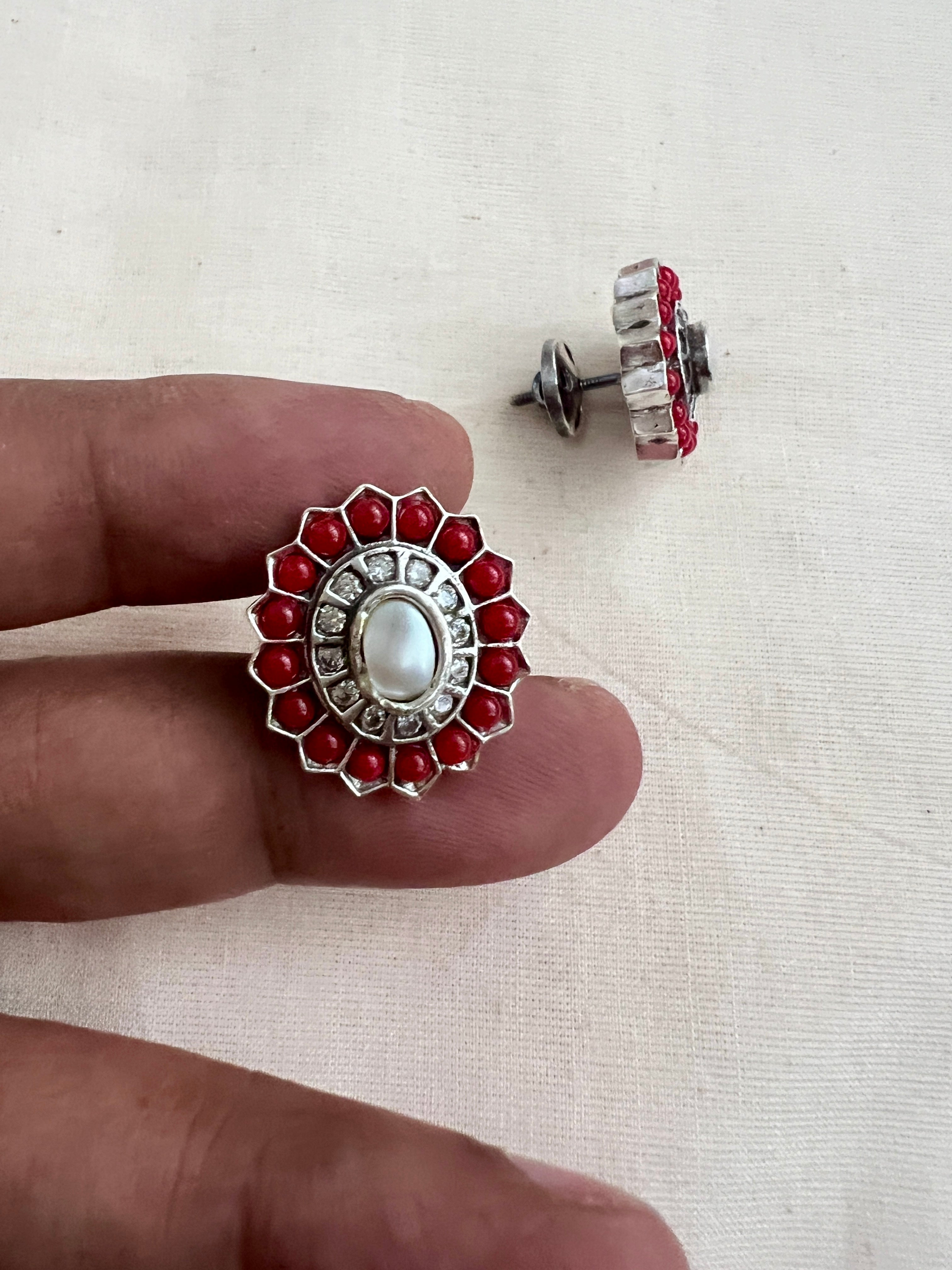 Coral & pearl silver oval studs-Earrings-CI-House of Taamara