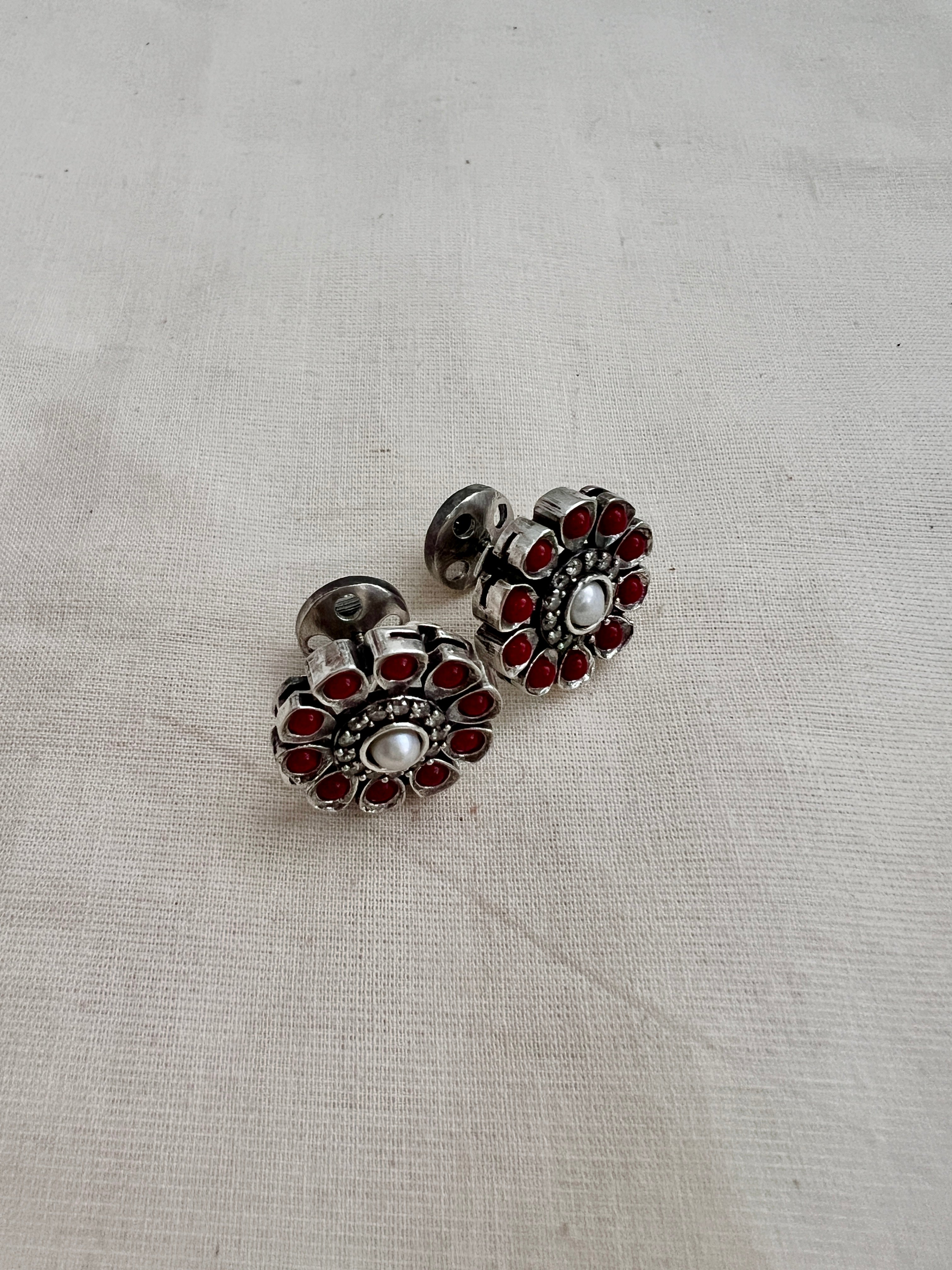 Coral & pearl silver studs-Earrings-CI-House of Taamara