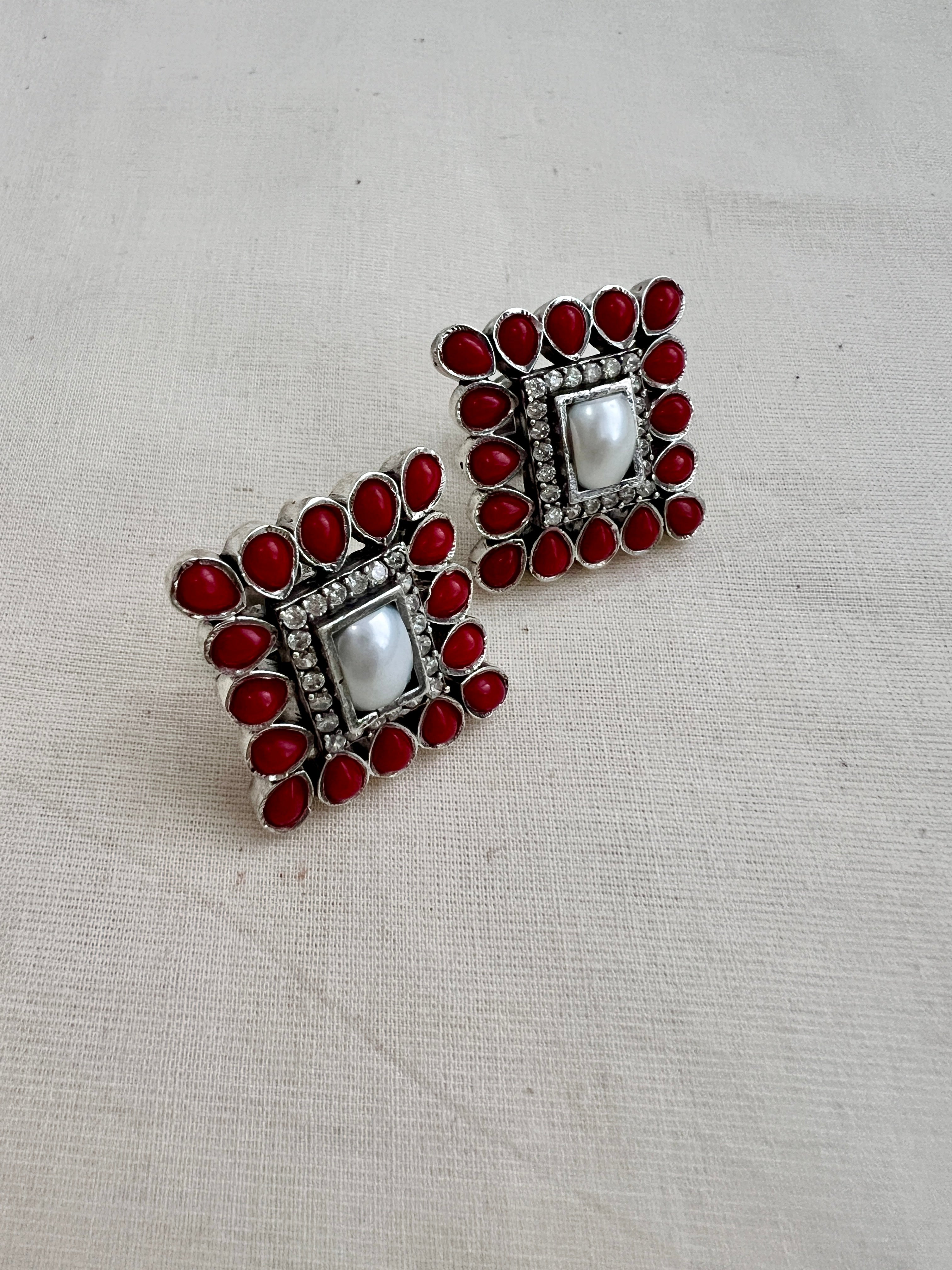 Coral & pearl silver studs-Earrings-CI-House of Taamara