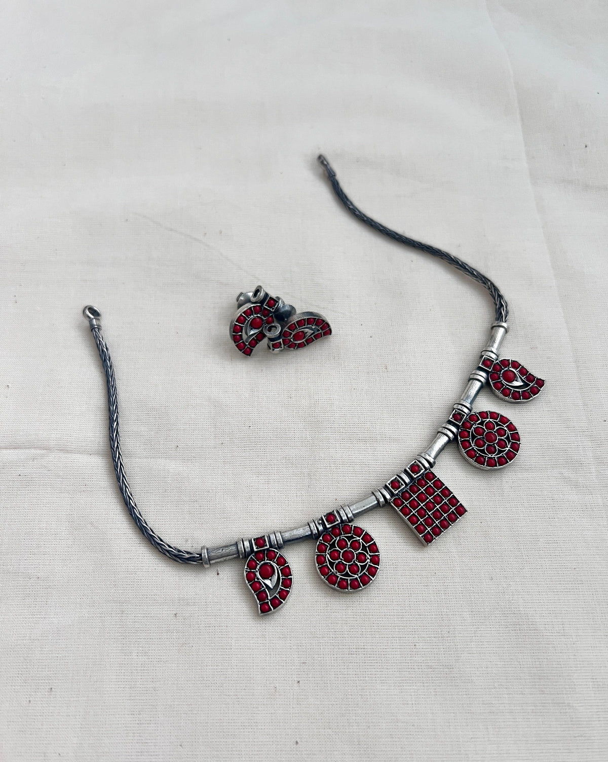 Coral silver necklace set with earrings, SET-Silver Neckpiece-CI-House of Taamara