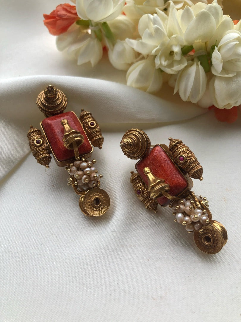 Coral with antique style earrings-Earrings-PL-House of Taamara