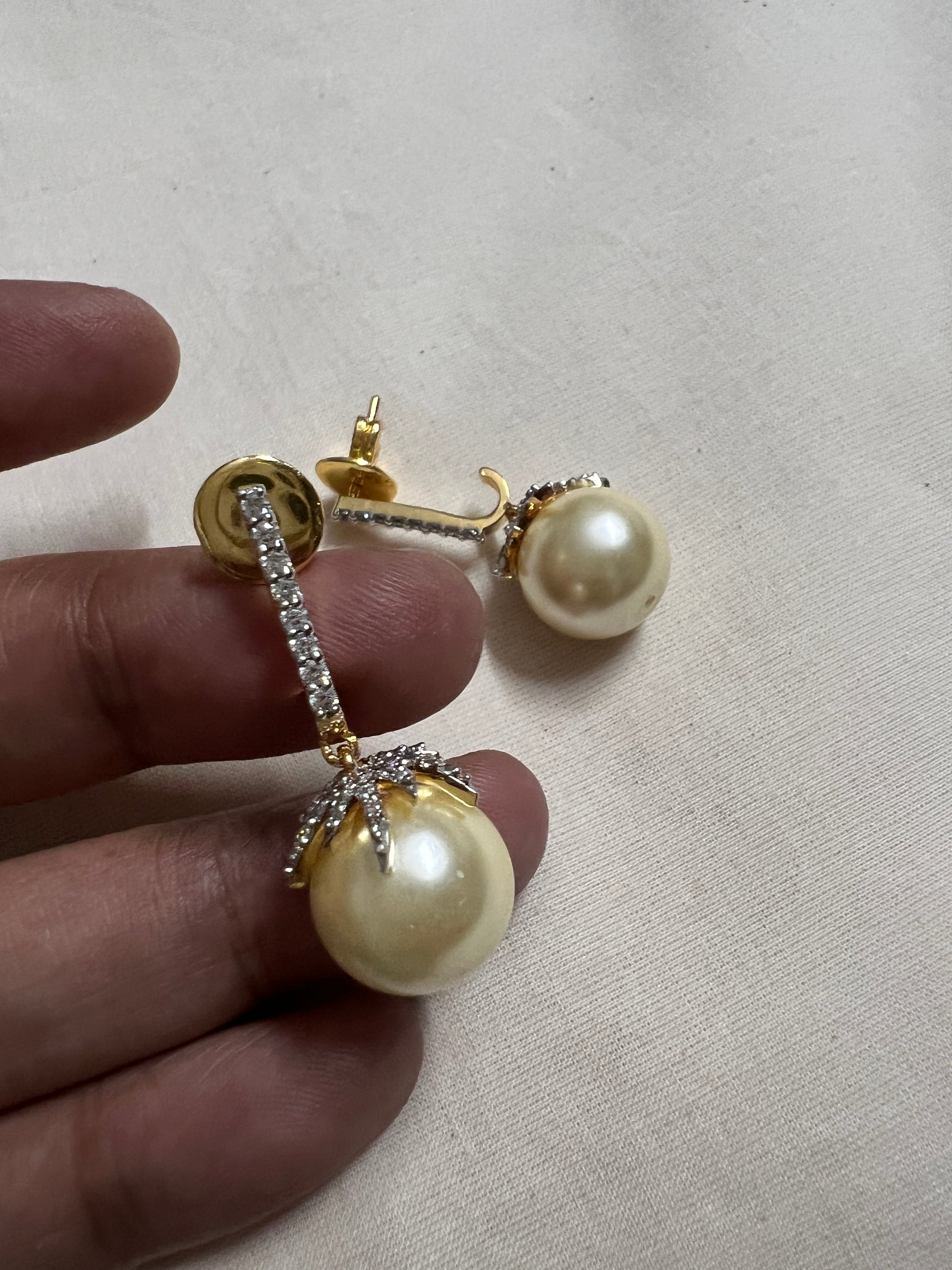 Cream pearls with zircon leaf earrings-Earrings-PL-House of Taamara