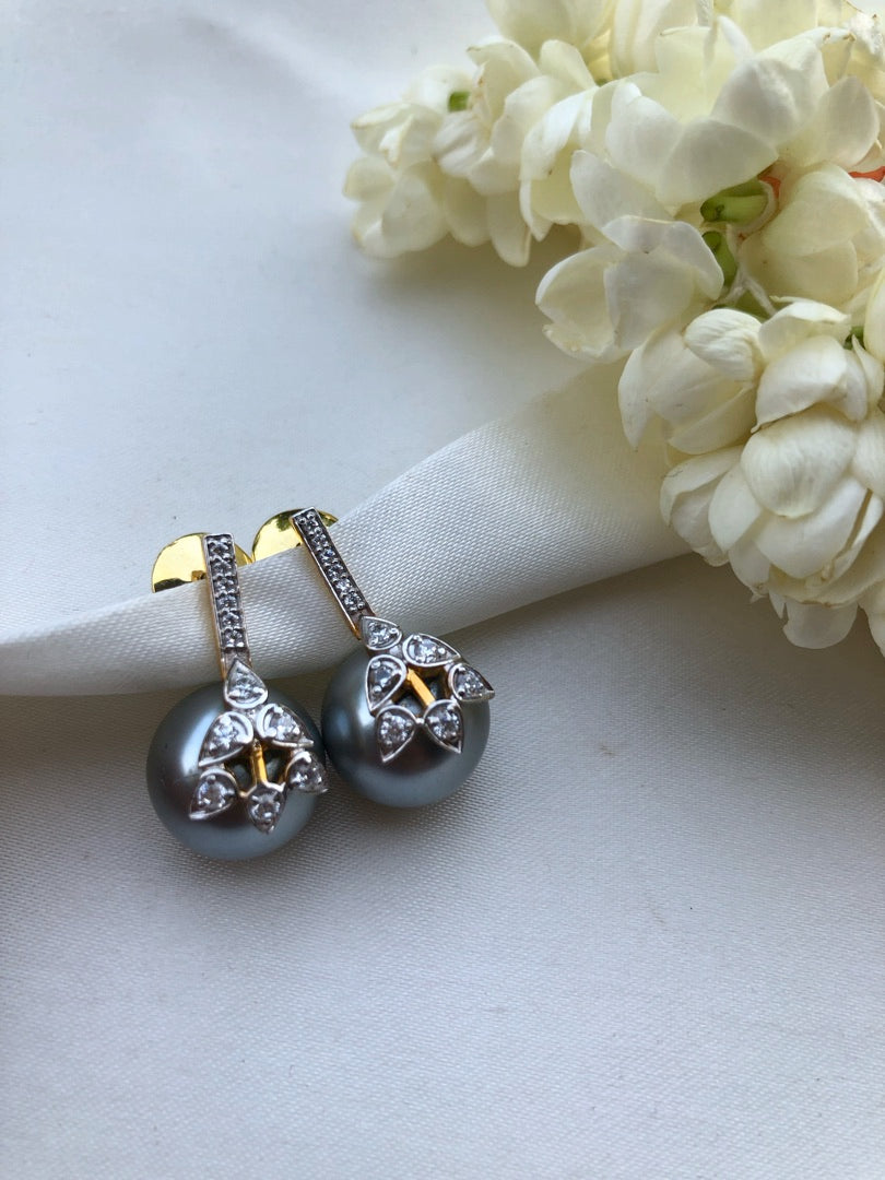 Cultured grey pearls with flower & zircon earrings-Earrings-PL-House of Taamara