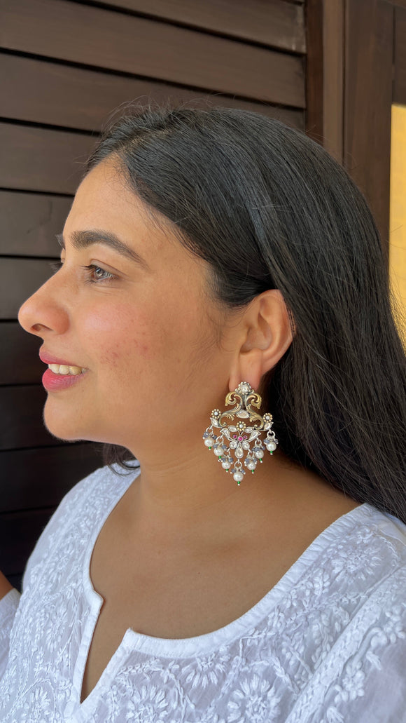 Dual polish earring: polki and pearls-Silver earrings-EZ-House of Taamara