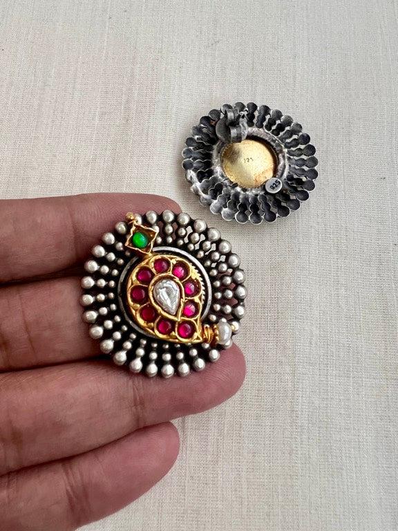 Dual stone studs with kundan and ruby mango motif-Earrings-CI-House of Taamara