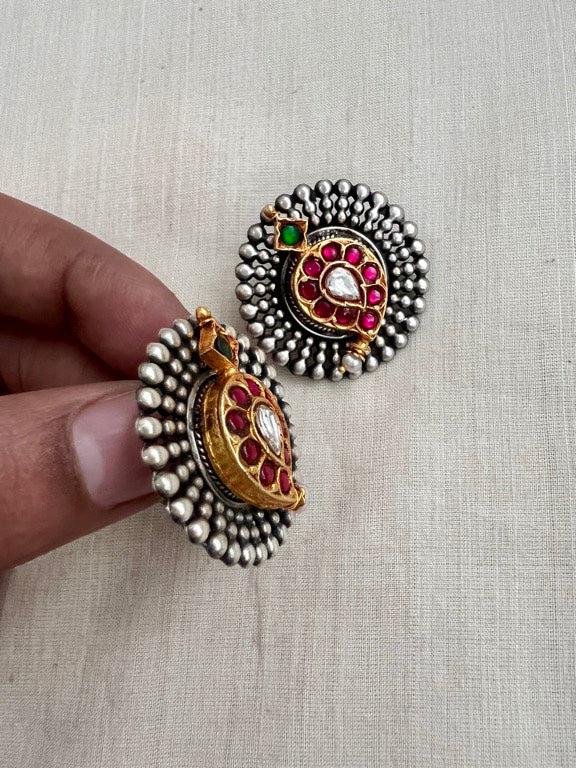 Dual stone studs with kundan and ruby mango motif-Earrings-CI-House of Taamara