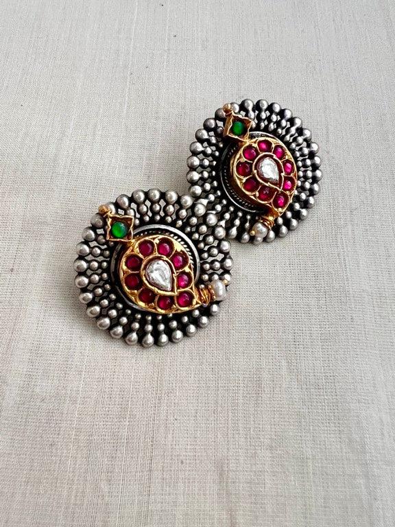 Dual stone studs with kundan and ruby mango motif-Earrings-CI-House of Taamara