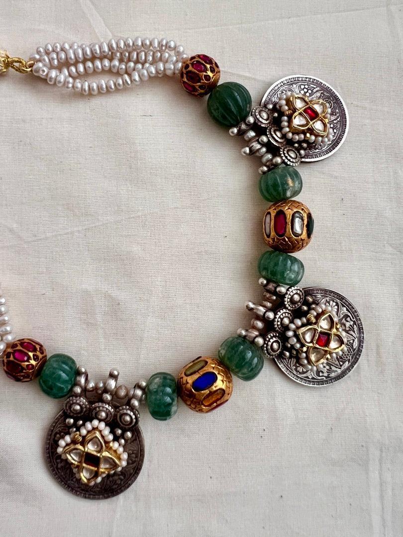 Dual tone antique style pendants stringed with pearls, jade and navrathan beads-Silver Neckpiece-CI-House of Taamara