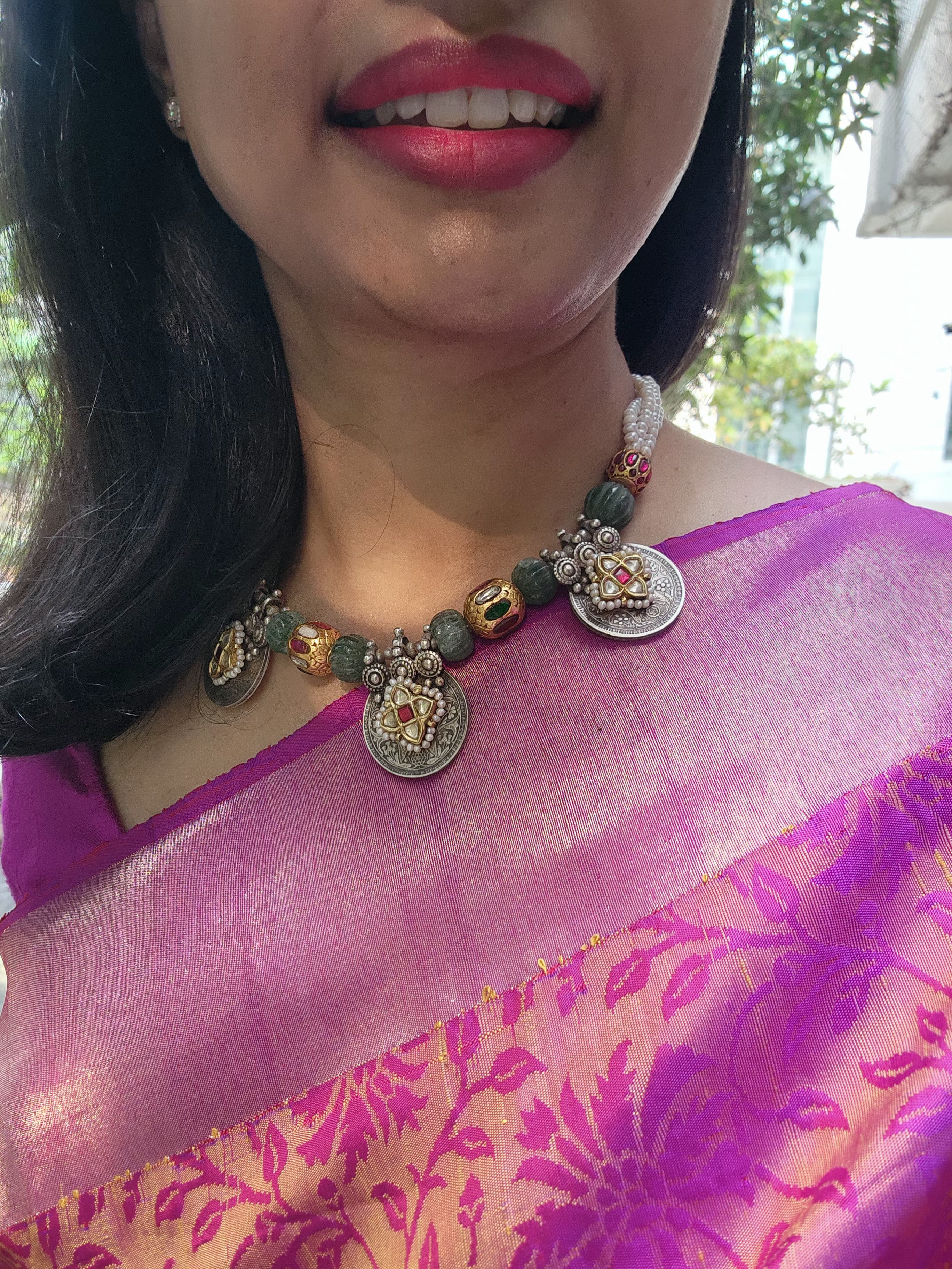 Dual tone antique style pendants stringed with pearls, jade and navrathan beads-Silver Neckpiece-CI-House of Taamara